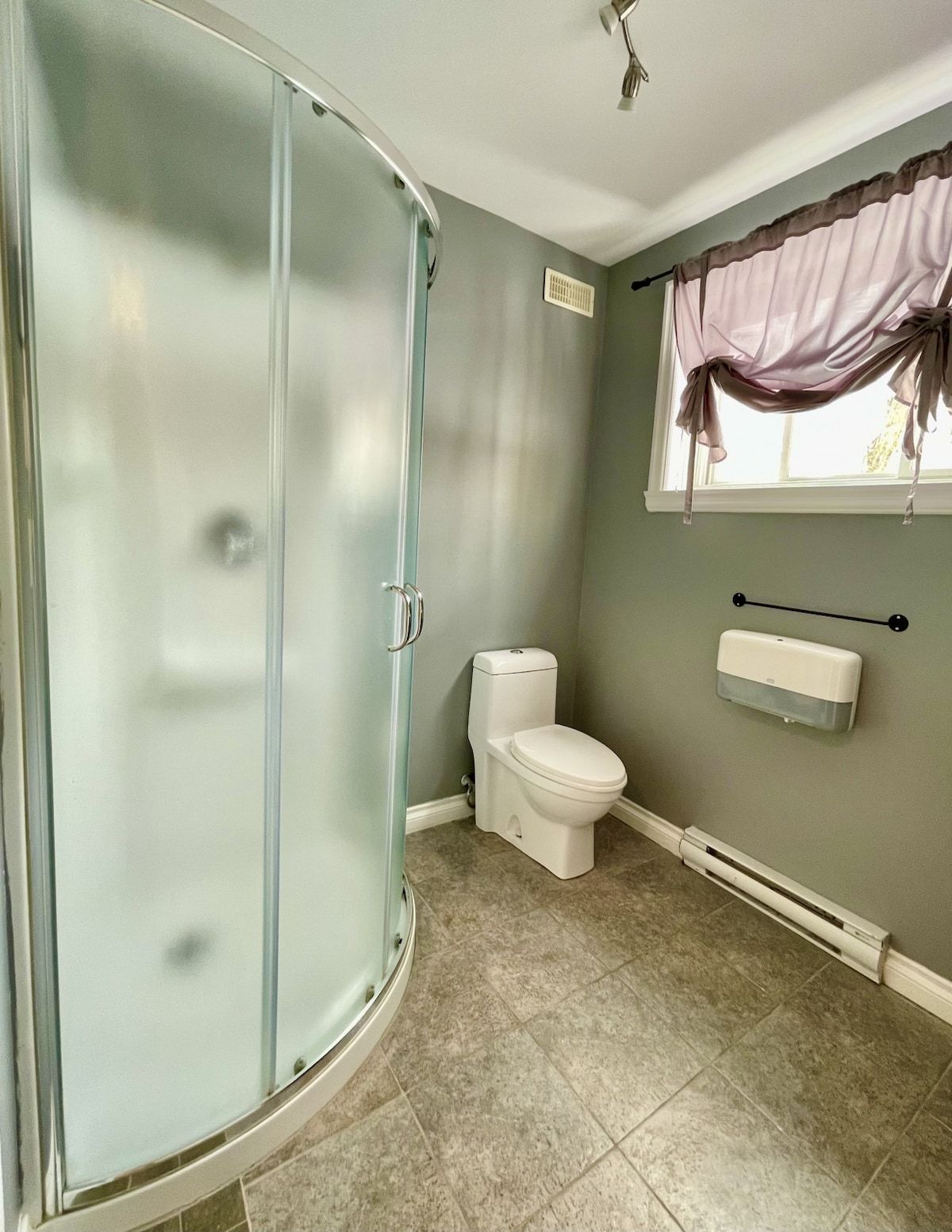 Une salle de bain avec une douche à parois de verre, des toilettes et une fenêtre avec un rideau.