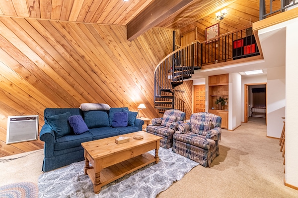 Living room w/ queen sized sleeper sofa.
