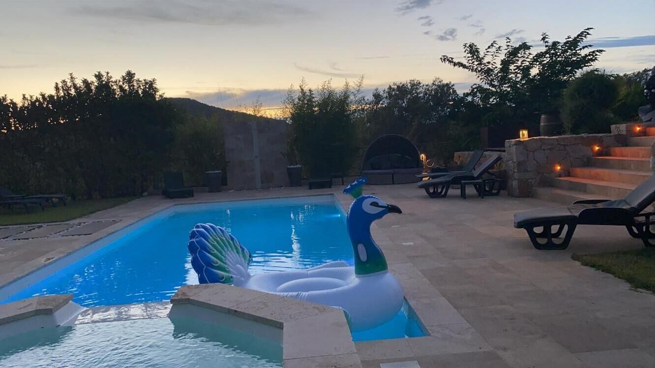 A swimming pool with a swan float, lounge chairs, and a stone wall with steps.