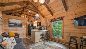 Interior de uma cabana com sala de estar, cozinha e espaço bar.