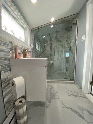 Shower, hair dryer, towels, toilet paper