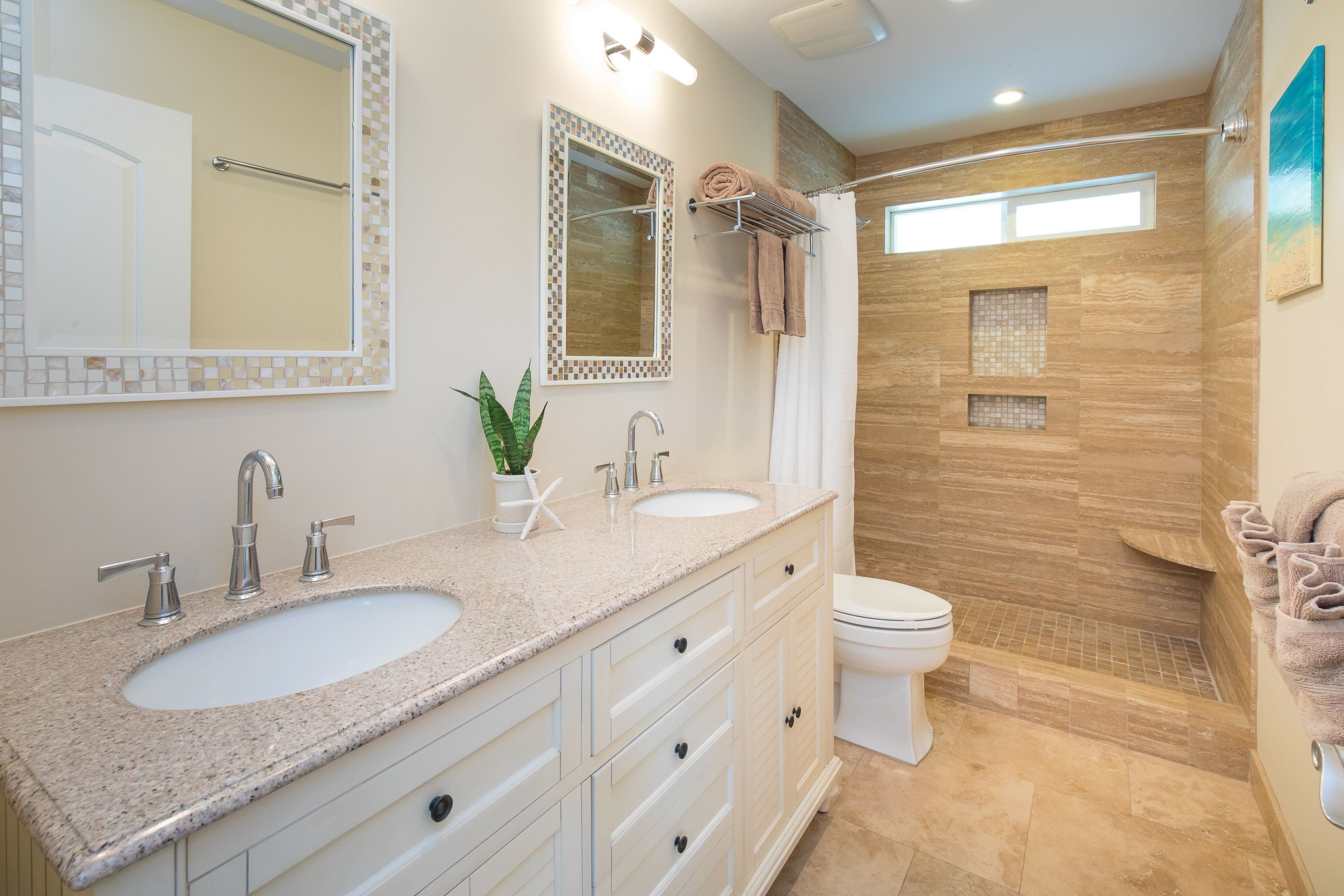 Combined shower/tub, hair dryer, towels, soap