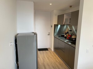 Kühlschrank, Mikrowelle, Herdplatte, Wasserkocher mit Kaffee-/Teezubehör