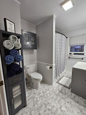 Combined shower/bathtub, hair dryer, towels, soap