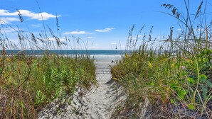 A sandy path leading to the beach, surrounded by tall grasses and plants.