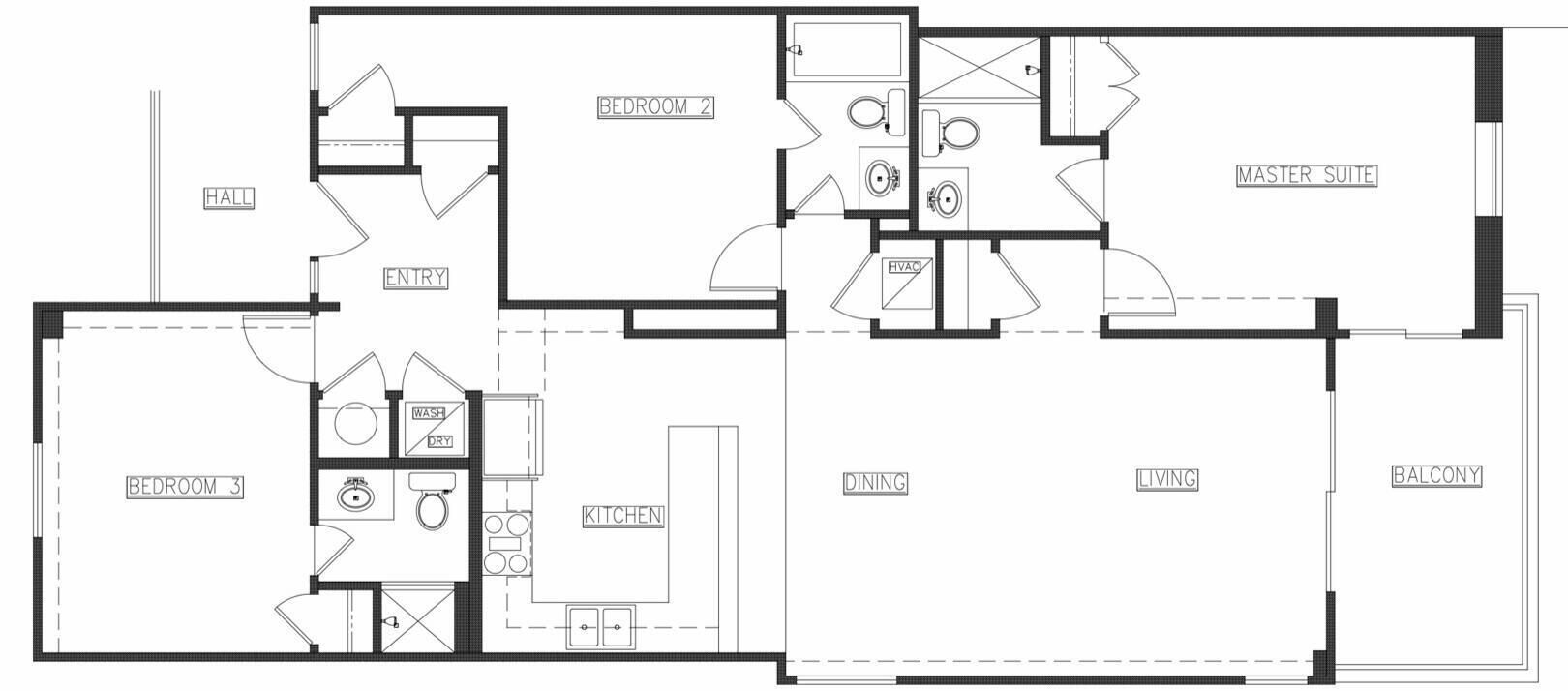 Plano de planta con tres dormitorios, una suite principal, comedor, sala de estar, cocina, baño, pasillo y balcón.