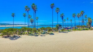 A beach with palm trees and a parking area. - Ocean Front! Exclusive Beachfront Patio + A/C (San Diego)