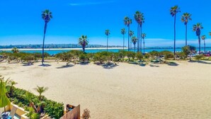 A beach with palm trees and a clear blue sky. - Ocean Front * Panoramic Water View Deck * A/C (San Diego)