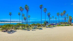 Una platja amb palmeres i una zona d'aparcament.