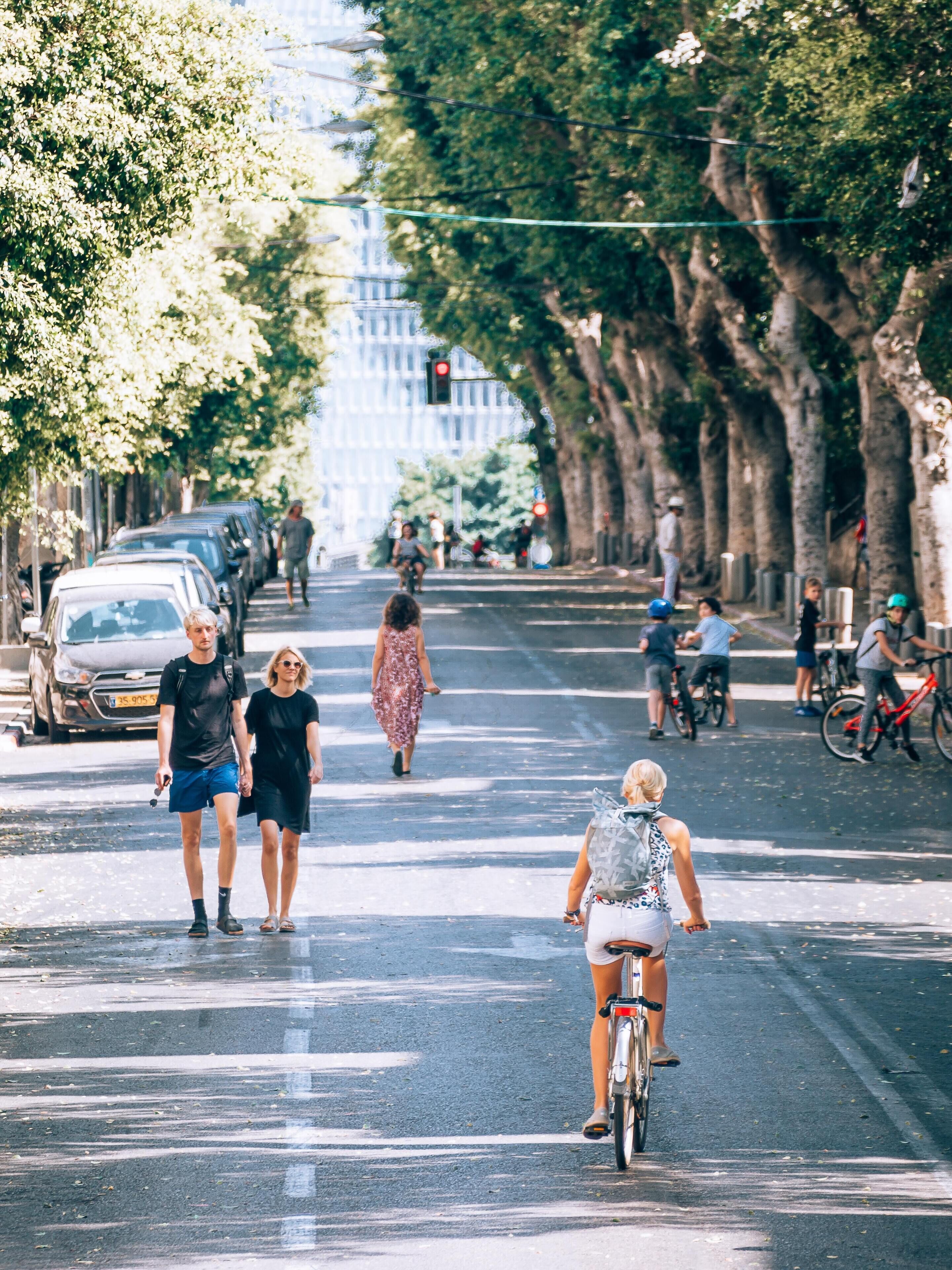 Una calle arbolada con coches aparcados y gente caminando y andando en bicicleta.