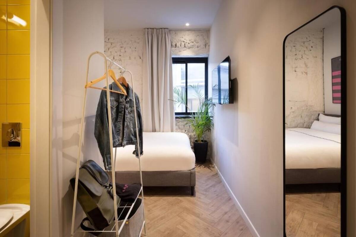 A compact hotel room with a bed, a hanging clothes rack, a potted plant, and a large mirror.