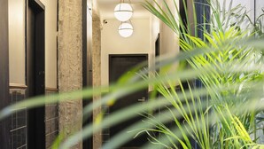 Un couloir avec une plante en pot, un pilier en pierre et une porte au fond.