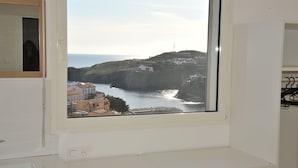 A room with a large window overlooking a coastal landscape, including a body of water and buildings.