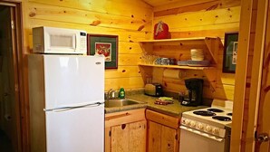 A compact kitchen with wooden cabinets, a white refrigerator, a microwave, a toaster, and a stove.