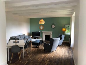 Smart TV, chimenea, reproductor de DVD y estéreo 