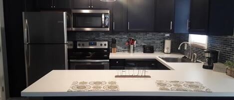 Frigorífico, microondas, horno y placa de cocina
