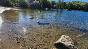 A clear lake with visible pebbles and rocks at the shore, surrounded by trees and boats. - "Dingle Run Lodge" at Sir Sam's (hot tub/sauna) (EAGLE)