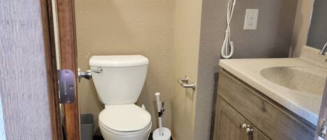 Duschwanne, Haartrockner, Handtücher, Seife