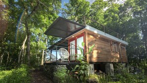 Eine Holzhütte mit Glastür, umgeben von üppigem Grün und Bäumen.