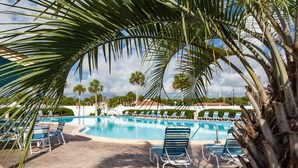 A pool area with lounge chairs and palm trees.