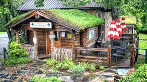 Ein rustikales Holzgebäude mit grüner Dachdeckung, auf dem "Market" steht.