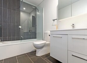 Combined shower/bathtub, hair dryer, towels, soap
