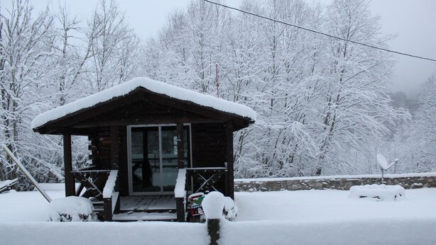 A wooden cabin with a snow-covered roof and a porch, surrounded by snow-laden trees. - Maggie Valley Cabin off the Blue Ridge Pkwy. (Maggie Valley)