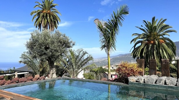 A clear blue pool surrounded by various trees and a mountainous backdrop. - Finca La Masía - Relax - Vistas - Internet (La Orotava)
