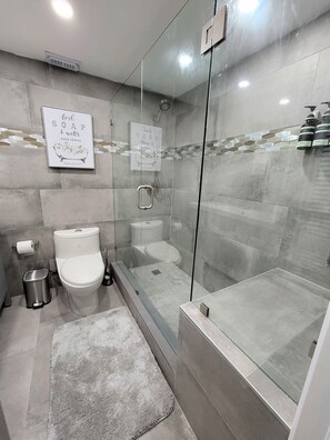 Douche, séchoir à cheveux, serviettes fournies, savon