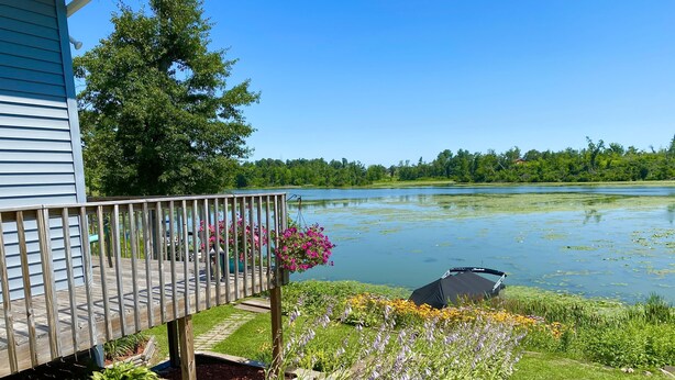 Une terrasse dotée d’une balustrade donnant sur un lac, entourée d’une végétation luxuriante et de fleurs.