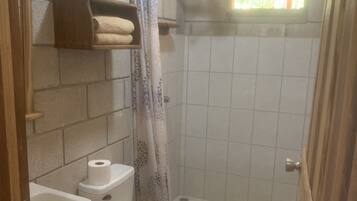 Shower, towels, soap, toilet paper