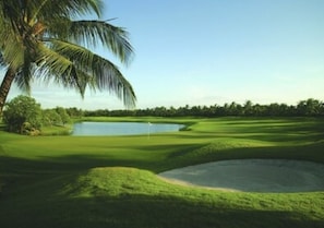 Un parcours de golf avec un étang, des palmiers et un ciel dégagé.