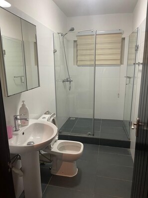 Apartment | Bathroom | Shower, deep-soaking bathtub, free toiletries