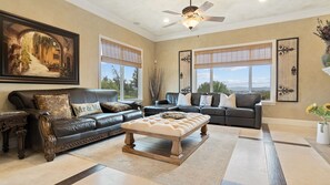 Smart TV, fireplace, books, offices