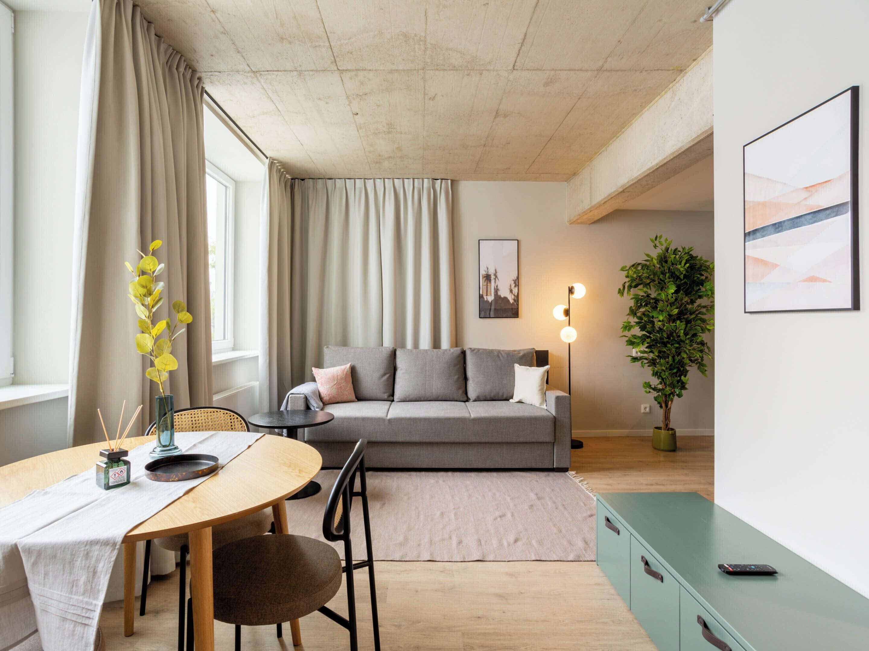 Un salon moderne avec un canapé, une table à manger et des chaises, une plante en pot et un tableau accroché au mur.