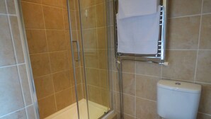 A bathroom with a glass-enclosed shower, a toilet, and a towel rack.