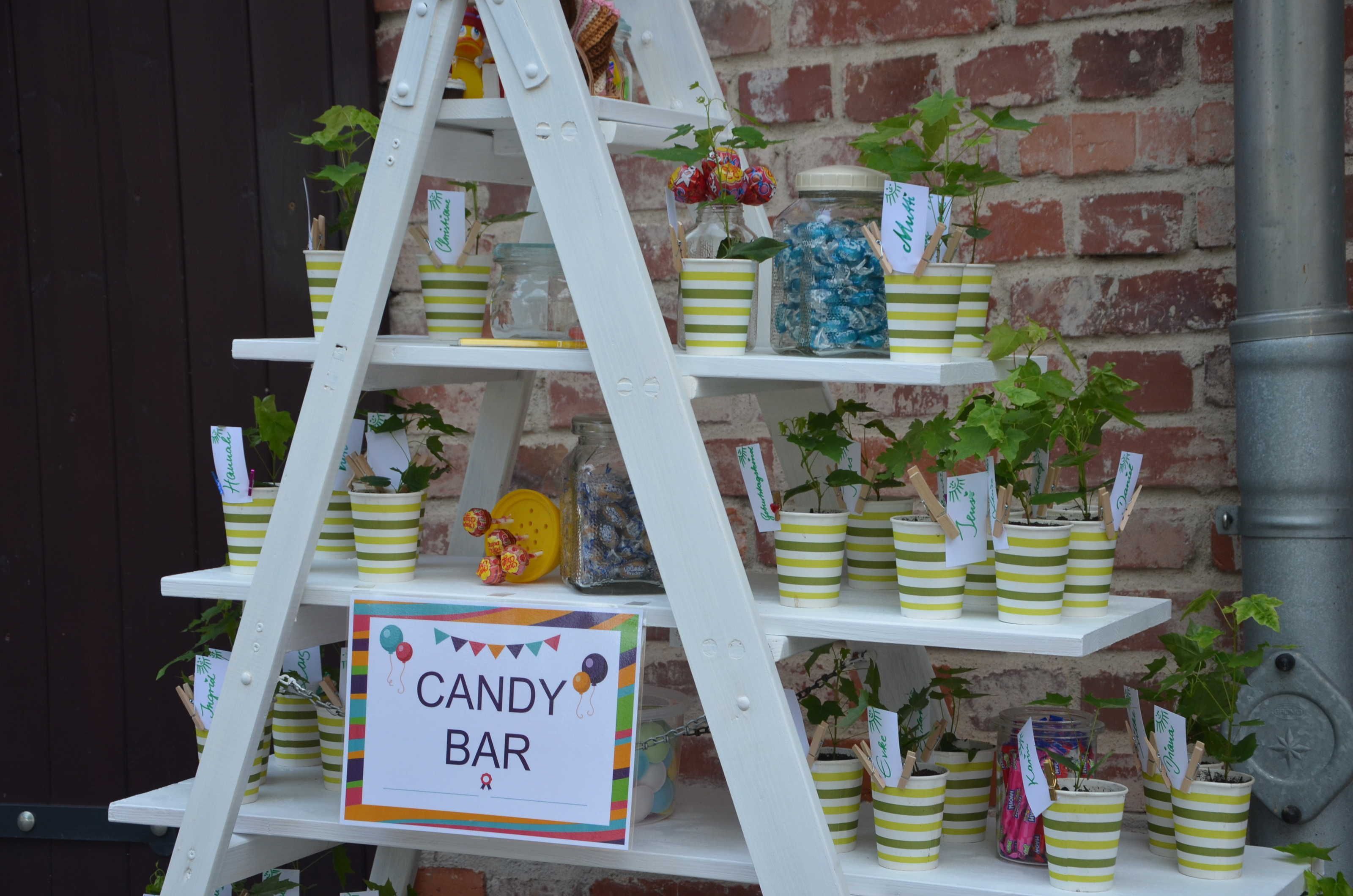 Eine weiße Leiter mit gestreiften Töpfen und einem Schild mit der Aufschrift 'CANDY BAR'.