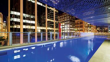 Outdoor pool, pool umbrellas, pool loungers