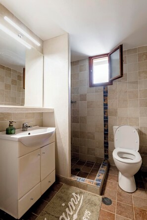 Combined shower/bathtub, hair dryer, towels, soap