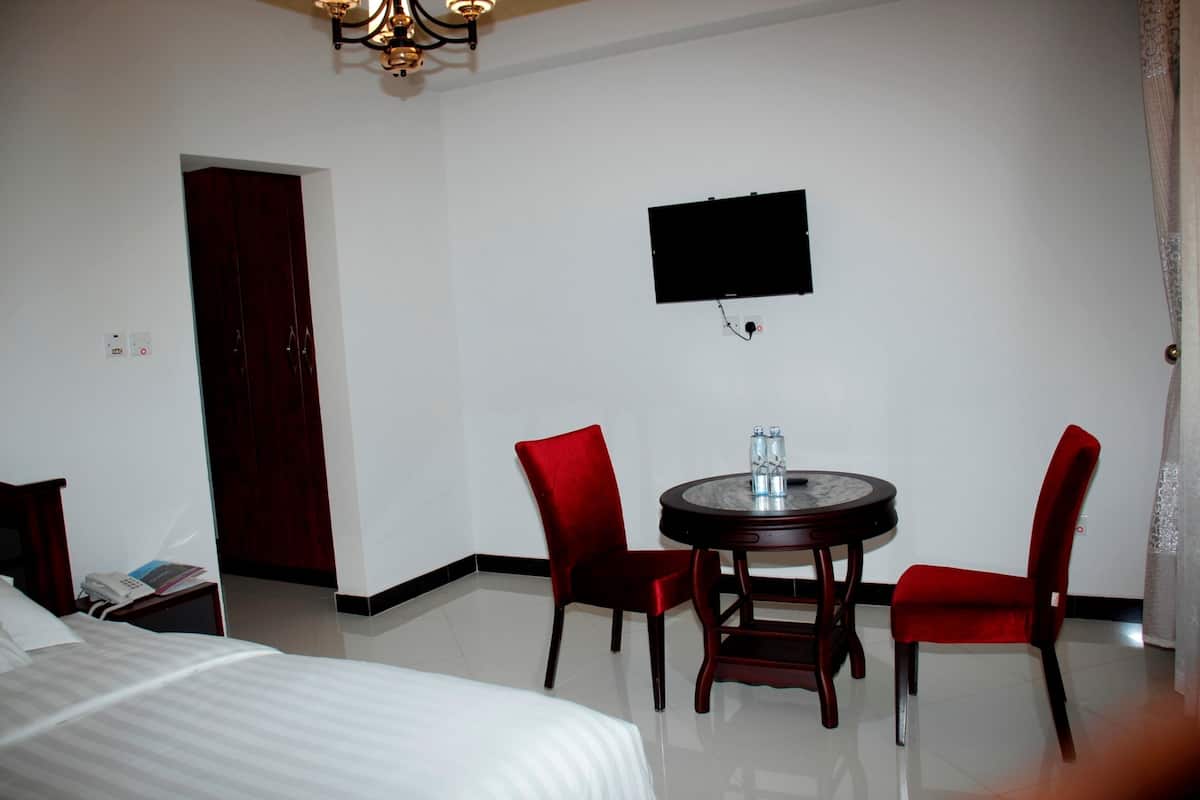 Una habitación de hotel con una cama, un escritorio con dos sillas, un televisor de pantalla plana en la pared y una puerta.