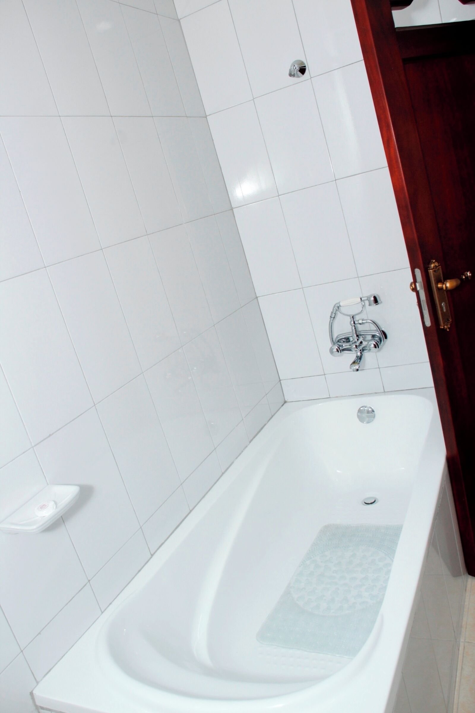 Ein Badezimmer mit einer weißen Badewanne, einer Duschbrause und einer Toilette.