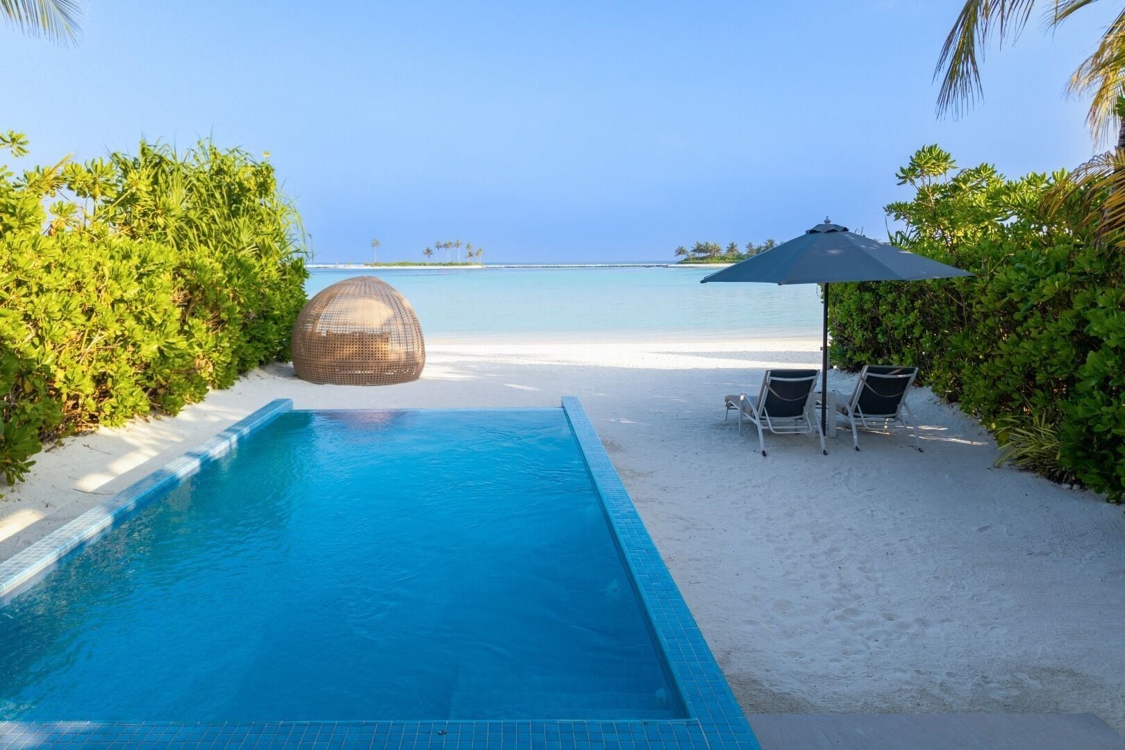 A swimming pool with a view of the beach and ocean.
