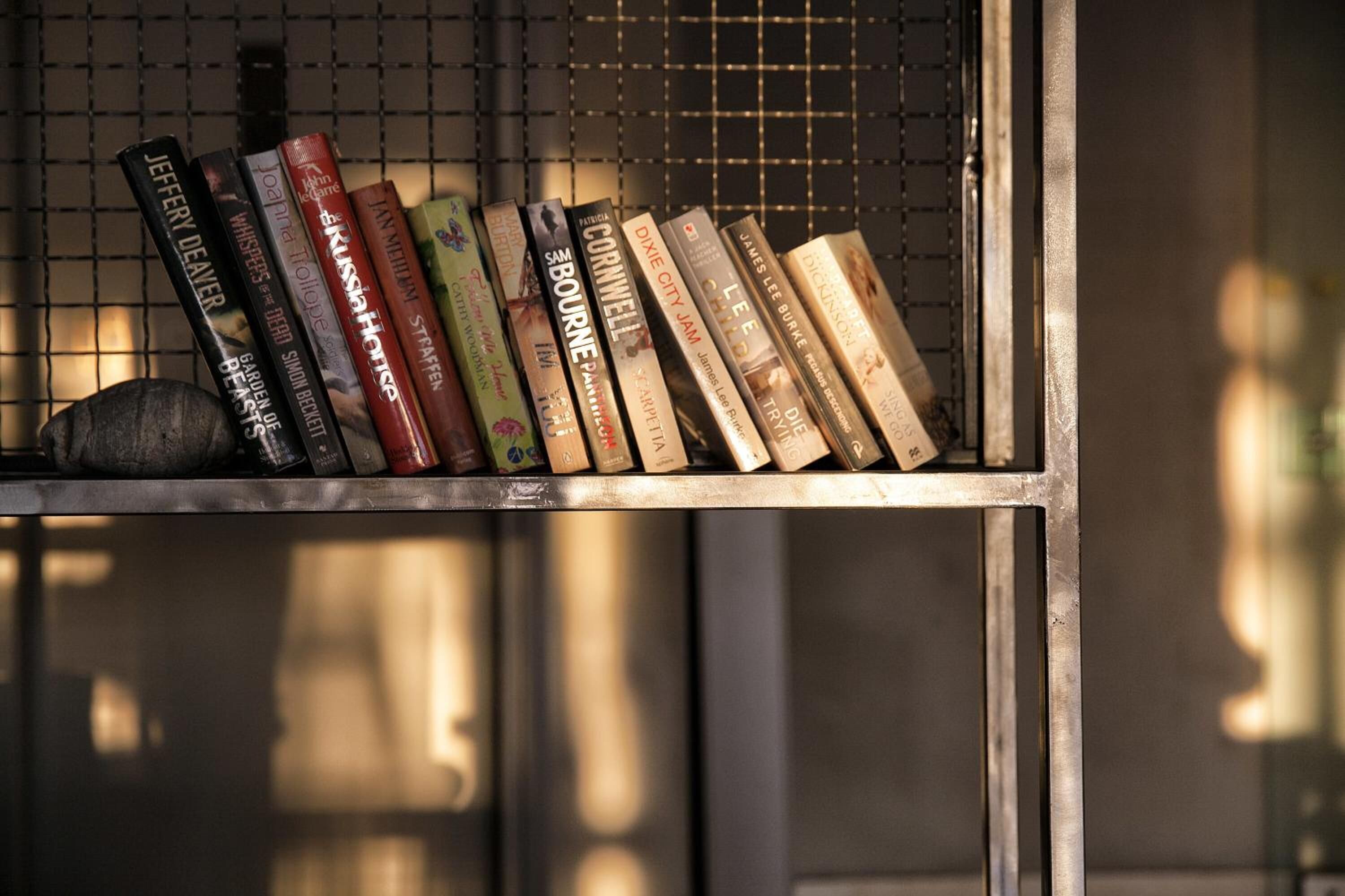 A metal shelf with books and a rock.