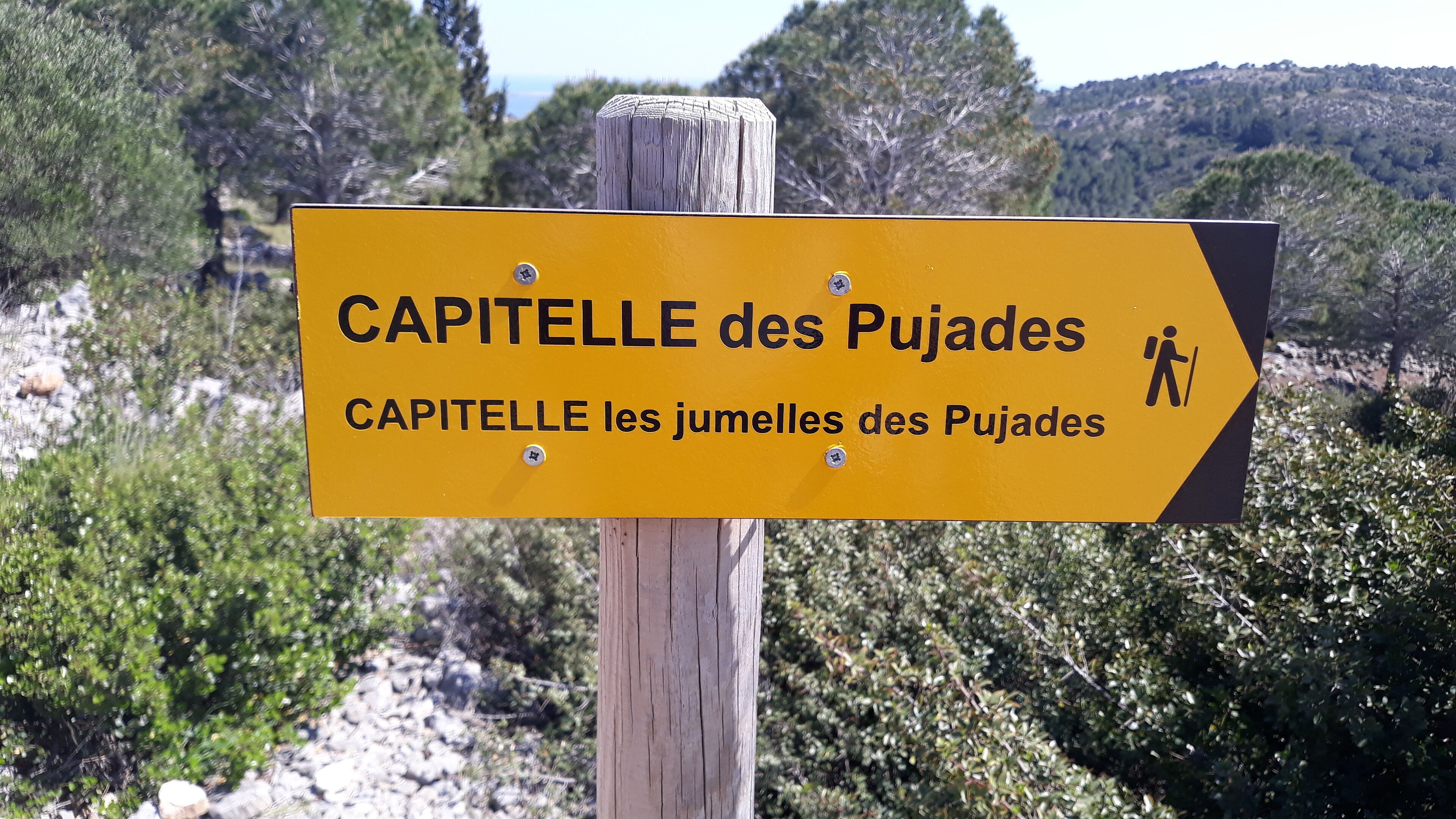 A directional signpost with text indicating a location named CAPITELLE des Pujades.
