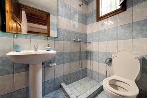 Douche, sèche-cheveux, serviettes fournies, savon