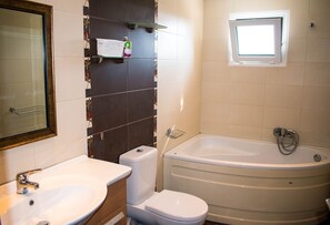 Shower, hair dryer, towels, toilet paper