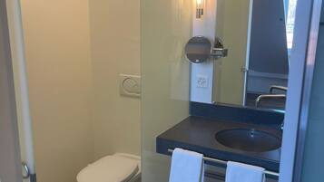 A modern bathroom with a glass partition, a toilet, a sink, and a mirror.