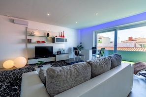 Smart TV, fireplace, DVD player, books
