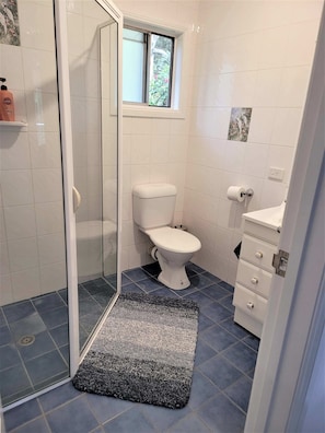 A bathroom with a shower, toilet, and sink.