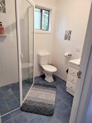 Baignoire, sèche-cheveux, serviettes fournies, papier toilette